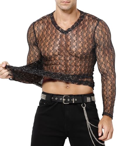 Casey Kevin Haut Sexy Homme - Chemise Homme Transparente Manches Longues - T-Shirt Resille - Fishnet Vetement - Lingerie Sexy