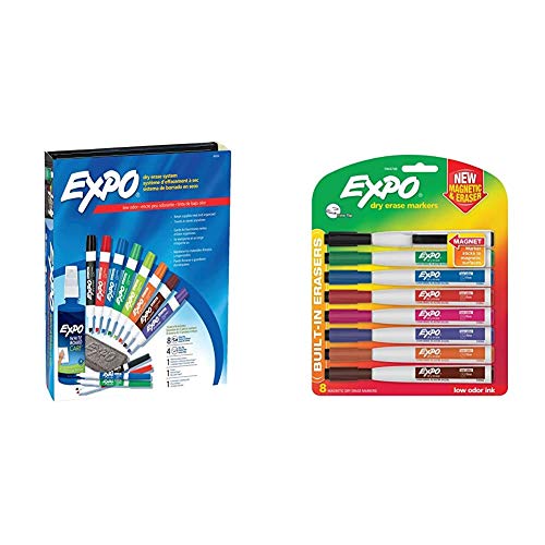 EXPO 80054 Low-Odor Dry Erase Markers, Chisel Tip, Assorted Colors, 15-Piece Set & 1944748 Magnetic Dry Erase Markers with Eraser, Fine Tip, Assorted Colors, 8-Count