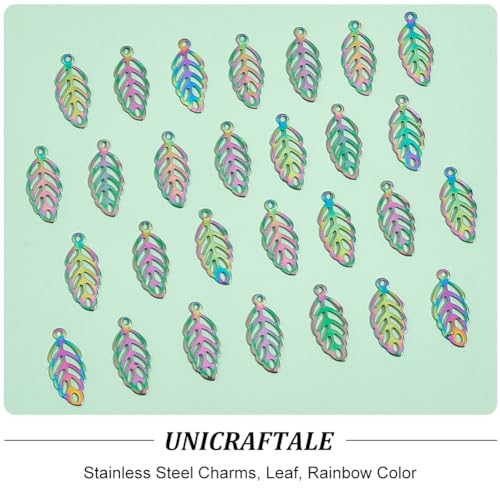 UNICRAFTALE 50pcs Rainbow Leaf Pattern Charms Stainless Steel Hollow Leaf Charm Metal Leaves Pendant for Spring Fall Earring Necklaces Bracelet Jewelry Making - Image 4