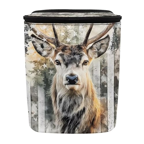 Image of Talayituse Hunting Camo Elk American Flag Print Car Trash Can with Lid, Leak Proof Auto Trash Bag Hanging Vehicle Garbage Can Multipurpose Storage Container for Back Seat Road Trip