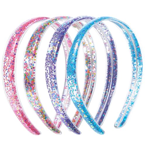 ZEYIYER 4 diademas con purpurina, diademas para niñas, diadema de confeti con peine de dientes, accesorios para el cabello para niñas, antideslizantes, lindas para niñas (azul, rosa, morado, colorido)