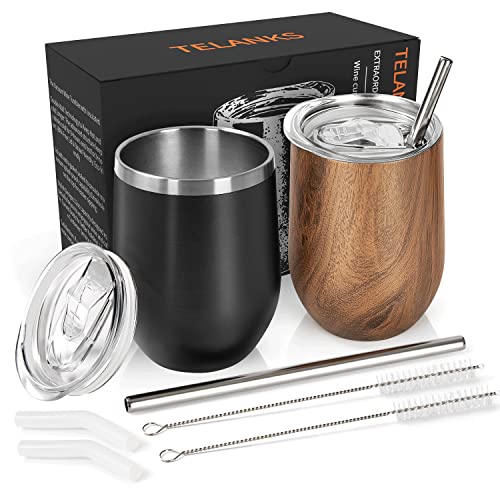 TELANKS 2 Stück Weinbecher Edelstahl, 340ml Weinglas to go mit Deckel und Strohhalmpinsel, Doppelwandige Unbreakable Travel Becher für Kaffee,Milk, Champagner, Cocktails, Bier, Camping Geschenk Cover