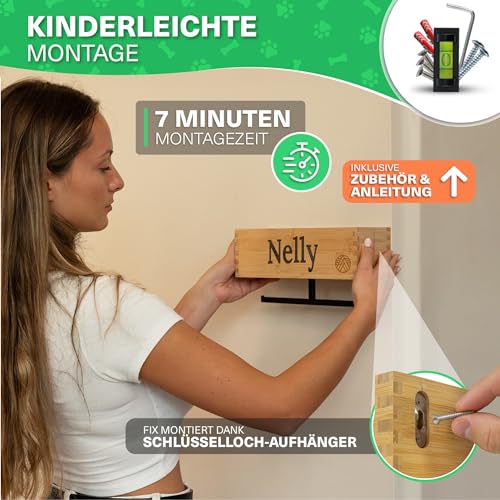 VELONT Hundegarderobe mit Ablage Personalisiert - Größe XL - Perfekter Leinenparkplatz - Bambus - Dogstation für Leinen & Zubehör - Inkl. Kotbeutelspender und Montagekit (04 L Gravur)