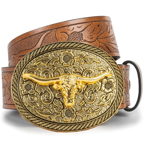 UTOWO Women Vintage Western Belt with oval-Longhorn-Buckle Cowgirl Bull-PU-Leather Waist Cowboy Belt for Jeans 1.5in Wide4