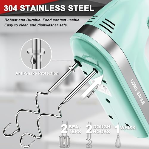 Image of Lord Eagle Hand Mixer Electric Handheld 400W, 5-Speed Lightweight Kitchen Mixer with Storage Case, 5 Stainless Steel Attachments for Baking Cake Egg Cream Food Beater, Turbo+Eject Button, Green
