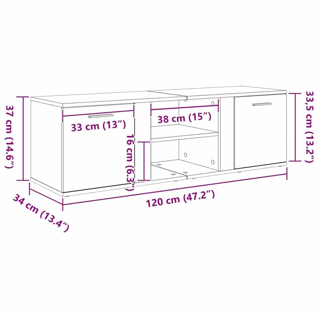 Mobile TV effetto legno anticato, 120 x 34 x 37 cm, con vano portaoggetti, porte, ripiani, moderno mobile multimediale per soggiorno, camera da letto, home theater, adatto per soundbar e