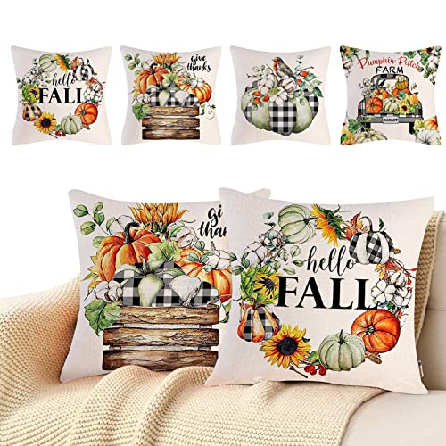 herommy Fundas De Almohada De Calabaza - 4 Piezas De Fundas De Almohada De Otoño De 18 X 18 Pulgadas,Fundas De Almohada De Tiro De Otoño para Sofá, Sala De Estar, Decoración Interior Y Exterior Cover