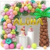 SNLN 178Pcs Tropical Luau Balloons Arch Garland Kit Hawaiian Party Decorations with Coconut Balloon Tree, Aloha Foil Balloons, Palm Leaves, Kids Adult Summer Beach Pool Luau Birthday Party Decorations