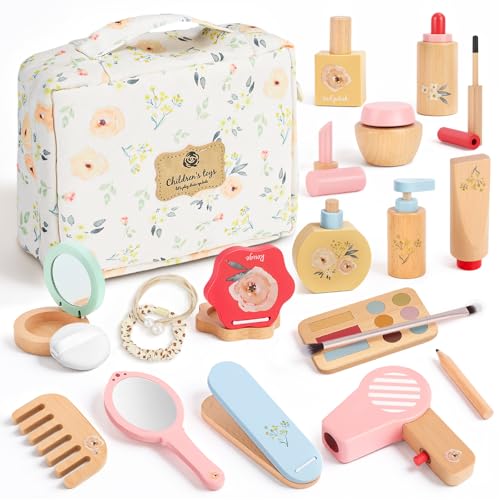 BuntWunder Set Maquillaje de Madera, 25 Piezas Juguete de Madera para Peluqueria y Belleza y Maquillaje, Kit Maquillaje Niña con Gomas Pelo, Juego de rol con Bolsa Bolsa Comestic, Regalos para Niñas