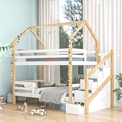 Whoiy Doppelstockbett 90X200, Hausbett Kinder Pinie Weiß und Naturfarben mit Leiter Schrankbett Kinderbett