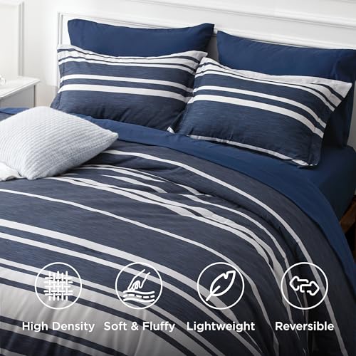 Image of Bedsure Queen Comforter Set 7 Pieces, Blue Striped Bedding Set for All Seasons, Reversible, Cationic Dyeing Bed in a Bag with Comforter, Sheets, Pillowcases & Shams