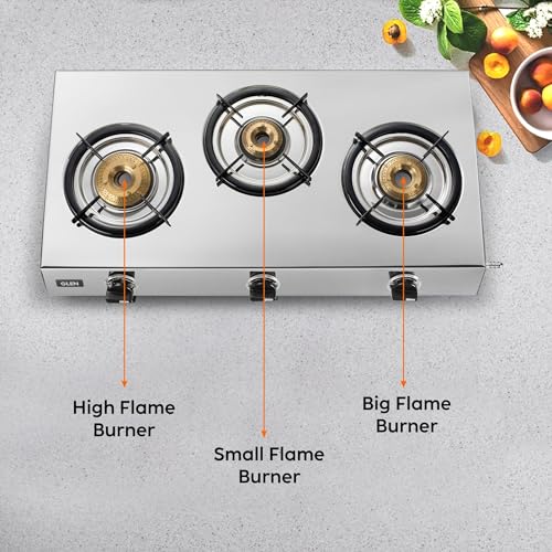 Image of Glen 3 Burner Stainless Steel LPG Gas Stove with 1 Jumbo Brass Burner | ISI Certified | Manual Ignition | Heavy Duty Pan Support | 2 Year Standard Warranty | 1031XLHF
