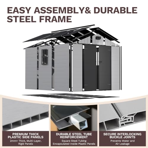 Image of Patiowell 8x8 FT Resin Outdoor Storage Shed with Floor, Large Plastic Clearance Sheds with Lockable Door, Garden Tool Shed with Window for Backyard, Patio Storage, Light Gray