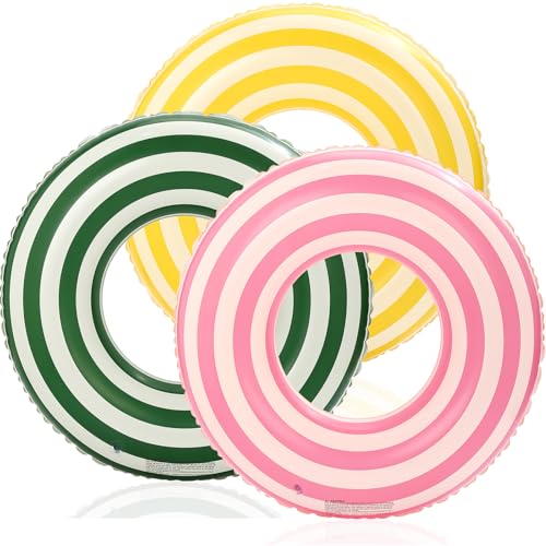 Inflatable Pool Floats Adults - 3 Pack Floaties Pool Tubes Swim Rings Striped Green Pink Yellow Inflatable Pool Float for Swimming Pool Party Lake Beach Adults (Striped-3pcs, Large-32 inch)