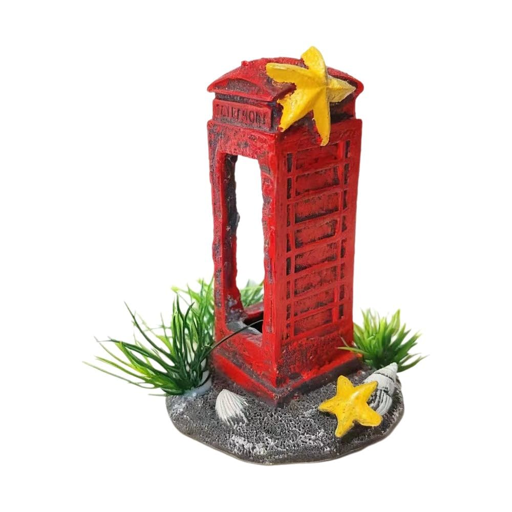 Retro Telephone Booth Aquarium Ornament | Mini Phone Box Fish Tank Decoration | Resin Castle & Cave for Fish, Shrimp, Small Aquariums(Style A)