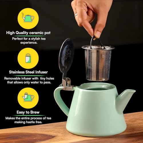 Image of Muse Teapot with Infuser | Ceramic Made with Stainless Steel Infuser | with Sleek and Modern Design Easy to Brew and Clean (Jade Green)