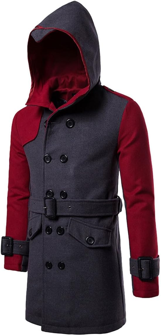 AOWOFS Men's Trenchcoat Wool Blend Winter Long Double Breasted Overcoat Slim Fit Warm with Belt Small Wine Red 042