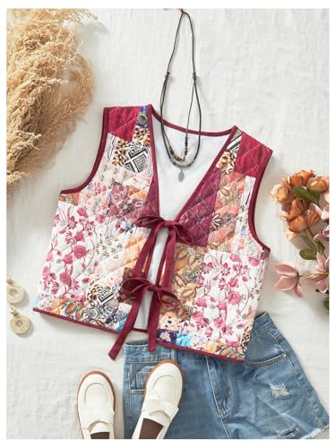 SweatyRocks Women's Floral Print Padded Vest Jacket Bow Tie Front Sleeveless Gilet Puffer Coat3