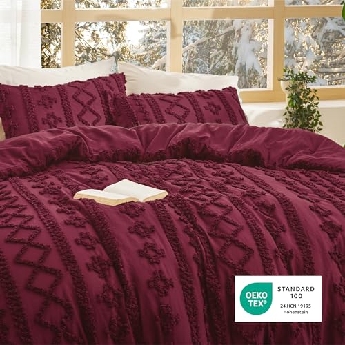Image of Bedsure Tufted Boho Comforter Set Queen Size - Burgundy Boho Bed Set, GentleSoft 3 Pieces Farmhouse-Style Embroidery Bedding, Gifts for Woman, Soft Jacquard Kids' Queen Comforter for All Seasons