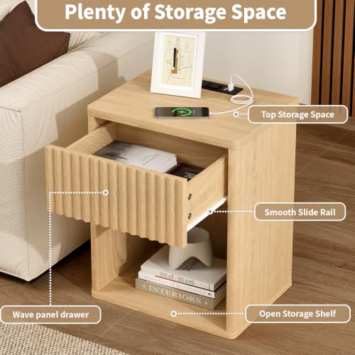 Image of Fluted Nightstands Set of 2 w /Charging Station, Wooden End Table Bed Side Table with Curved Drawer, Mid Century Modern Fluted Night Stand with Rounded Edge for Bedroom, Living Room Sofa, Nature Oak
