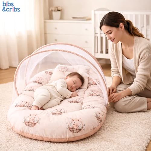 Image of Bibs&Cribs Baby Nest Bedding Set for Newborn Infants with Mosquito Net Mattress Pillow Portable Baby Lounger Travel Bed Resting Nest for Baby Boys and Girls