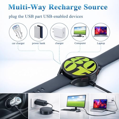 Image of MARVIK Charger for Samsung Galaxy Watch 6 /6 Classic, 5 /5 Pro, 4 /4 Classic, 3, Active 2 /1, 3.3ft USB Magnetic Wireless Charger - Black