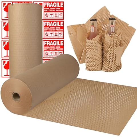 GZGDLJQ Honeycomb Packing Paper, 15" x 300' Packing Paper for Moving Wrapping Paper for Fragile Items Bubble Cushioning Wrap Moving Supplies with Fragile Sticker Labels and Jute Twine Cover