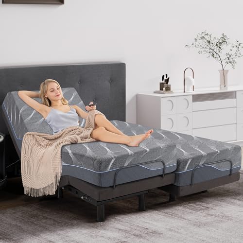 Split King Adjustable Bed Frame with Massage, 12 Inch Gray Gel...