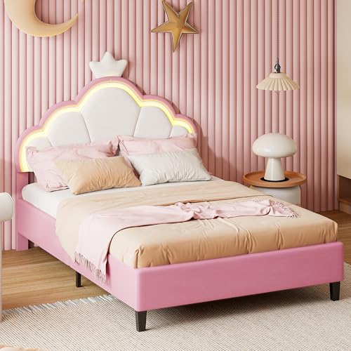 TIMORWTF - Cama infantil acolchada 90 x 200 cm, marco de cama para niños, cama princesa niña con iluminación LED y somier de láminas, diseño de forma corona, terciopelo, rosa