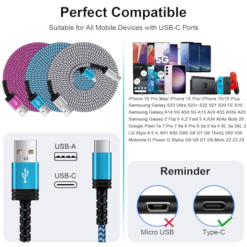 Image of USB C Charger Cable 6FT /3Pack for iPhone 17 16e /16 /16 Pro /16 Pro Max /16 Plus,15 /15 Pro /15 Pro Max /15 Plus,3.1A USB Type C Cable Car Fast Charging Cord for Samsung Galaxy S25 Ultra A17 A16,Pixel 10 Pro