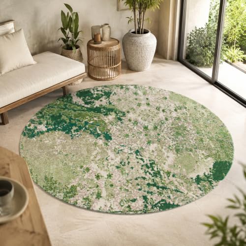 Tapis rond abstrait vert beige 160 cm tapis chambre lavable - 2