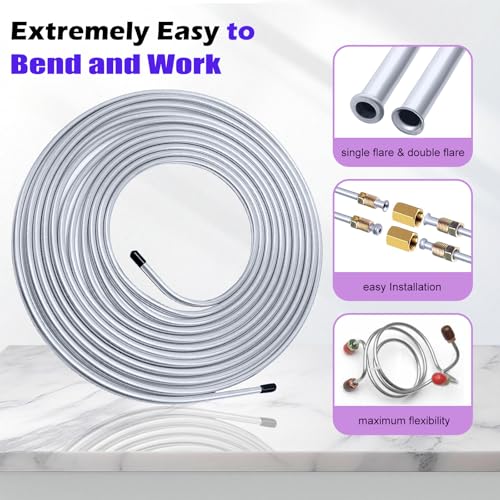 Image of 1 /4 inch Tubing Kit - 25 Ft. of 1 /4 Flexible Copper Coated Brake Line Tube for hydraulic brakes Fuel Transmission System and 16 Inverted Flare Fittings