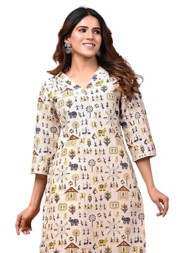 Image of Rimeline Women's Cotton Tribal Printed Kurta with V-Neck | Straight Fit Ethnic Kurti for Casual, Office