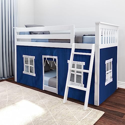 Max & Lily Low Bunk Bed, Twin-Over-Twin Bed Frame For Kids With Curtains For Bottom, White/Blue