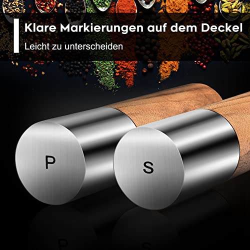 Foto von Salz und Pfeffermühle Holz Set: Design Gewürzmühle Keramikmahlwerk Einstellbar 2er - Hochwertig Pfeffer Salzmühle Gross Salt Mühle Nachfüllbar Mahlwerk Verstellbar Pfefferstreu Salzstreuer Holz 20cm
