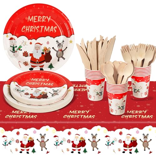 Nkaiso Vaisselle Noël, 193 Pcs Party Supplies Set avec Assiettes,Tasses,Réutilisable Vaisselle, Noël Fête Fournitures pour 24 Invités