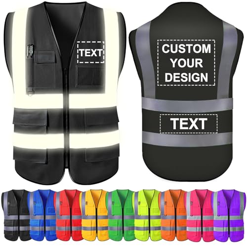 Custom Safety Vest Print Logo/Name 5 Pockets High Visibility Reflective-Black L