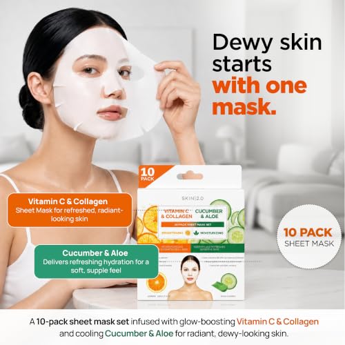 Image of Skin 2.0 Collagen Face Mask With Vitamin C + Aloe & Cucumber - Dermatologist Tested, Anti Aging, Korean Skin Care - Moisturizes, Firms, Soothes & Helps Reduce Dark Spots - Vegan Clean Beauty, 10 Count