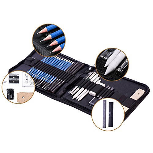 H & B Sketching Pencils Set, 32-Piece Drawing Pencils and Sketch Kit, Complete Artist Kit Includes Graphite Pencils, Charcoal Sticks, Sharpener & Eraser, Professional Sketch Pencils Set for Drawing - Thumbnail 3