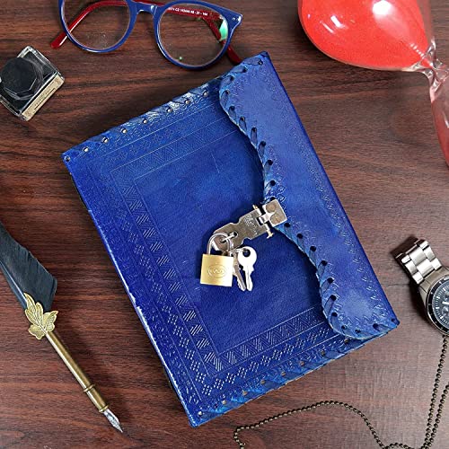 Image of Vintage Fashion 7 x 5 Inch Leather Journal Diary with Lock n Key (dark blue), 100 Pages