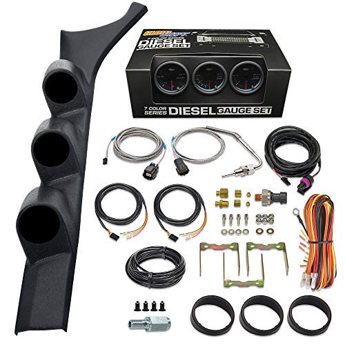 Glowshift Diesel Gauge Package Compatible With Dodge Ram Cummins First Gen 1986-1993 - Tinted 7 Color 60 Psi Boost, 1500 F Pyrometer Egt & 30 Psi Fuel Pressure Gauges - Black Triple Pillar Pod #TOP18