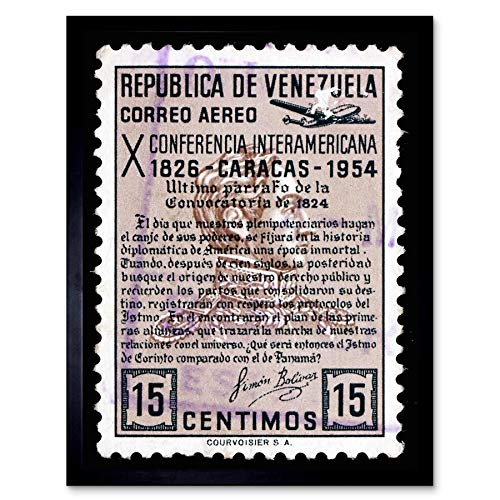 Wee Blue Coo Postage Stamp Venezuela Simon Bolivar Quote Caracas Art Print Framed Poster Wall Decor 12X16 inch Affrancatura Francobollo Citazione Manifesto Parete
