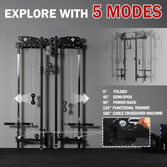 Mikolo Folding Squat Rack, Wall Mounted Power Rack with Cable Crossover Machine & LAT Pull Down, Functional Trainer with 5 Adjustable Function Modes, for Home Gym and Space Saving