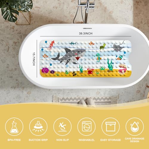 Image of PRATIQUE Kids Bath Mat for Tub Non Slip,40 X 16 Inch Extra Long Kids Bathtub Mat Ocean Bathtub Shower Mat Safety Anti Slip with Suction Cups and Drain Holes, Machine Washable(Shark)