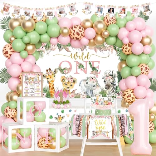Hombae Wild One Birthday Decorations Girl 1st Birthday Decorations Girl Safari Jungle Animal First Birthday Decor Backdrop Balloon Banner Tablecloth Cake Topper Box for One Year Old Birthday Girl
