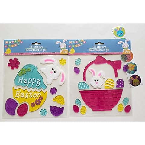 Spring Easter Window Gel Clings Happy Easter Bunny and Bunny in a Basket with Eggs - 27 pieces Cover