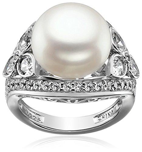 Amazon Collection Platinum-Plated Sterling Silver Cubic Zirconia Vintage Freshwater Cultured Pearl Cocktail Ring, Size 9