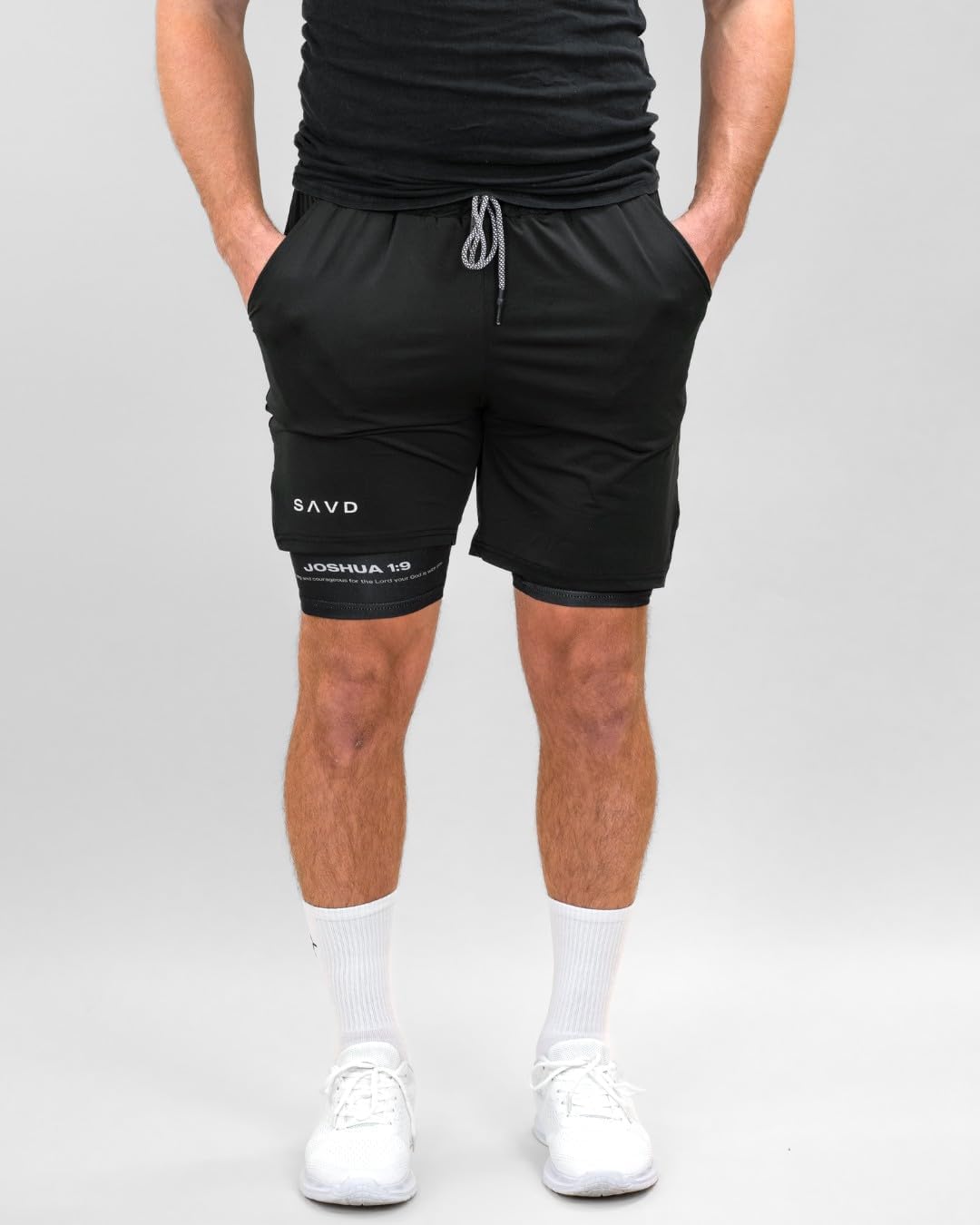 SAVD Christian Performance Shorts - Men's Gym & Sport Shorts with Pockets & Compression Liner, Bible Verse Activewear - Image 2