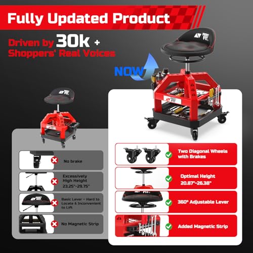 Image of Rolling Shop Stool for Garage with Casters, DO02-Adjustable Height 360 Swivel Shop Seat with Tool Tray Storage, 330 LBS Capacity Padded Mechanic Stool, Magnetic Tool Hold, Heavy Duty, Red