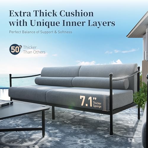 Image of SUNSHINE VALLEY Patio Conversation Set,5 Pcs Metal Outdoor Furniture Set with Aluminum Armrest,3-Seater Sofa,2 Fixed Chairs,Metal Nested Table and 7.1 inch Extra Thick Cushion,Grey